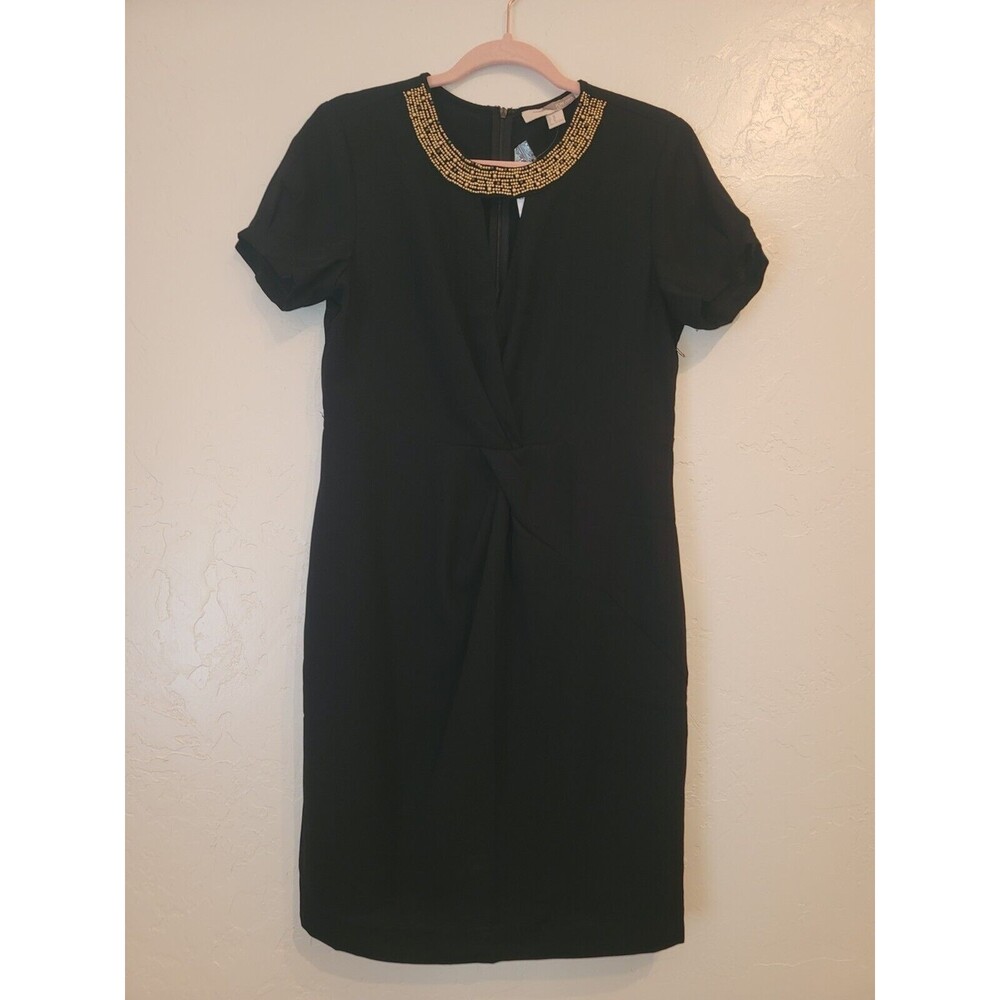 Forever 21 Womens M Black Beaded Collar Short Sleeve Sheath Dress Party Cocktail